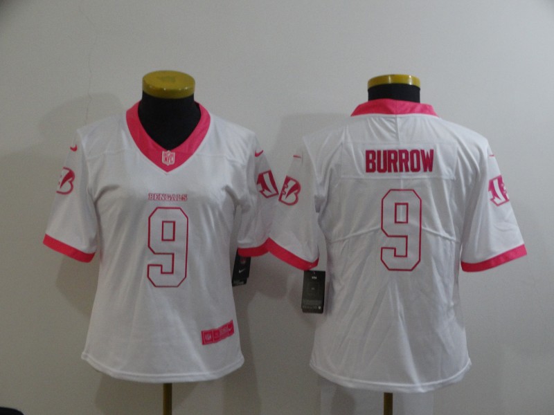 Womens NFL Cincinnati Bengals #9 Burrow White Pink Jersey
