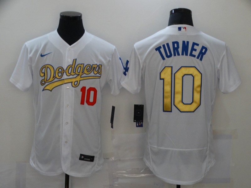 MLB Los Angeles Dodgers #10 Turner White Gold Elite Jersey