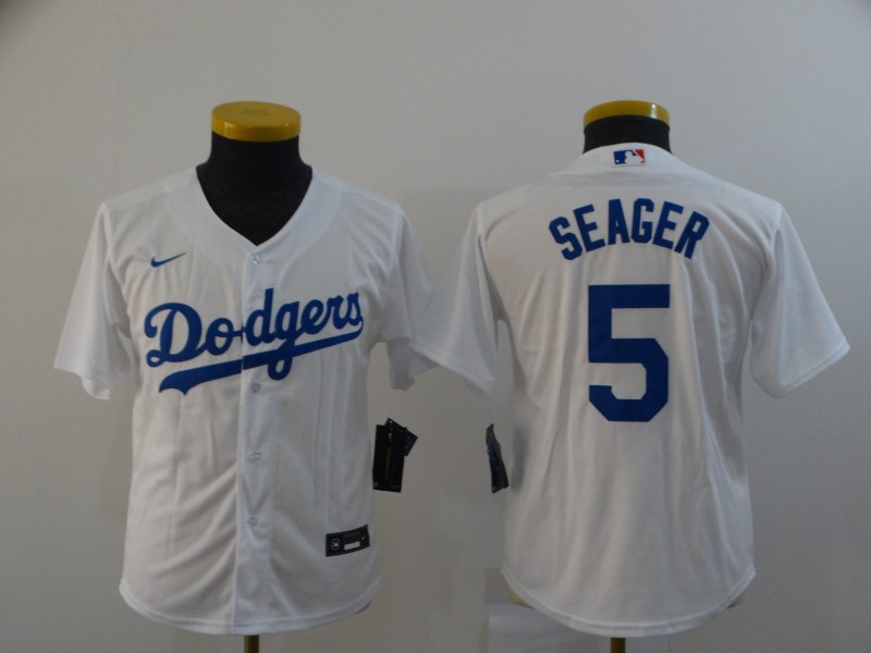 Kids MLB Los Angeles Dodgers #5 Seager White Game Jersey