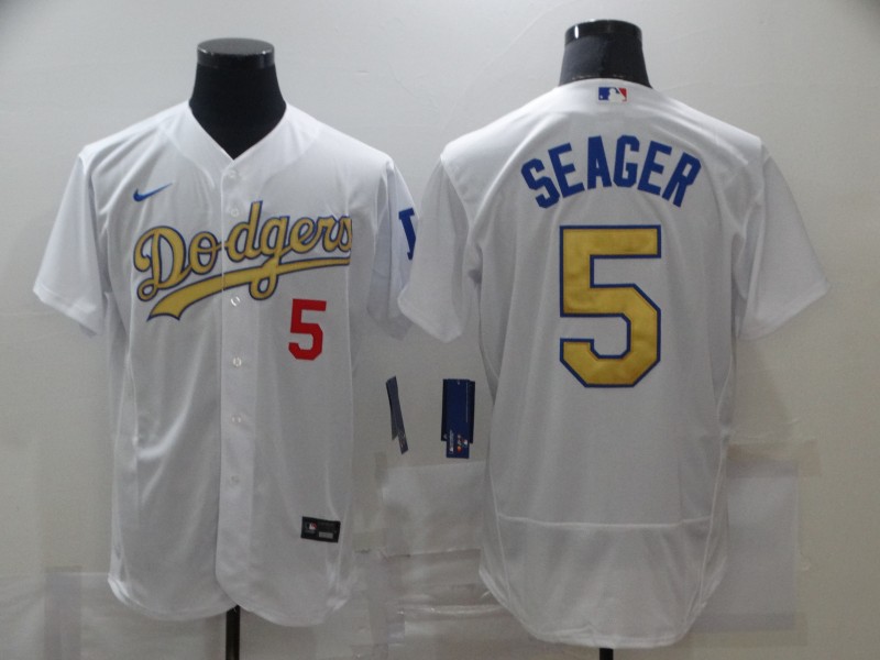 MLB Los Angeles Dodgers #5 Seager White Elite Gold Jersey