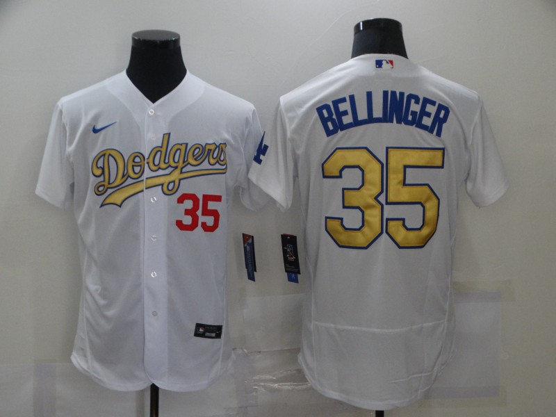 Nike MLB Los Angeles Dodgers #35 Bellinger White Champion Gold Jersey