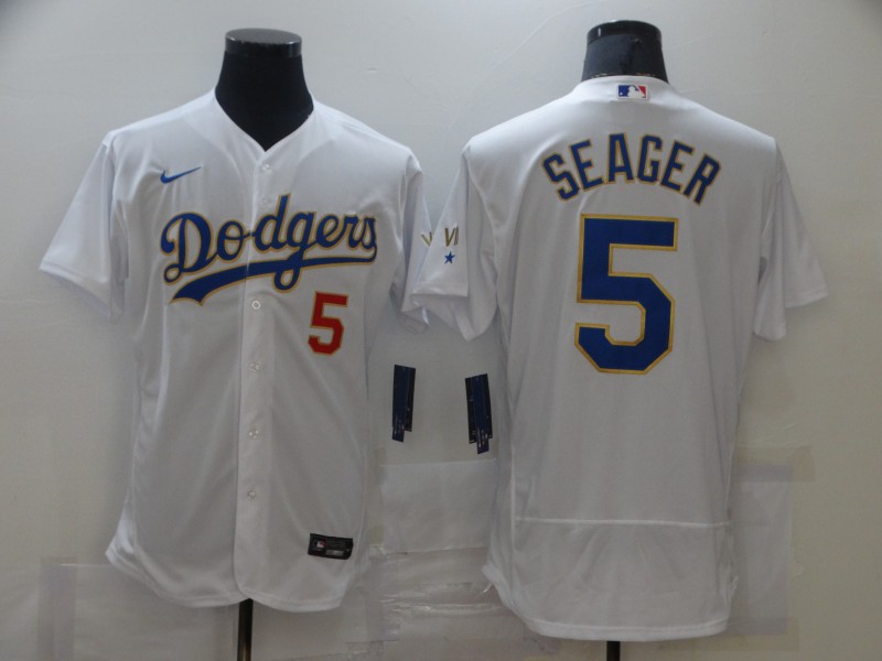 MLB Los Angeles dodgers #5 seager White Gold Elite Jersey