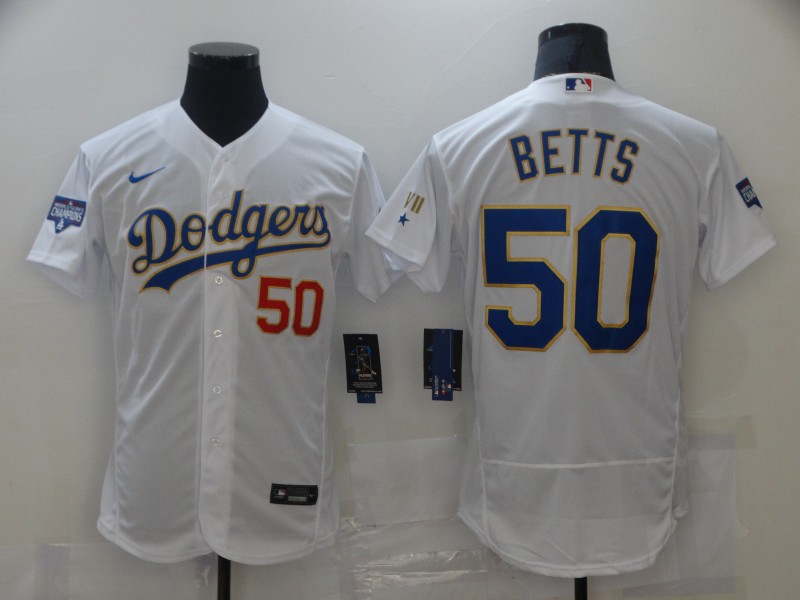 MLB Los Angeles dodgers #50 Betts White Gold Elite Jersey