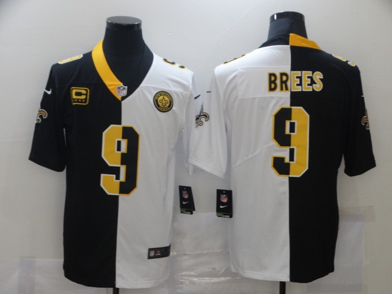 nfl new orelans saints #9 brees black white splite jersey