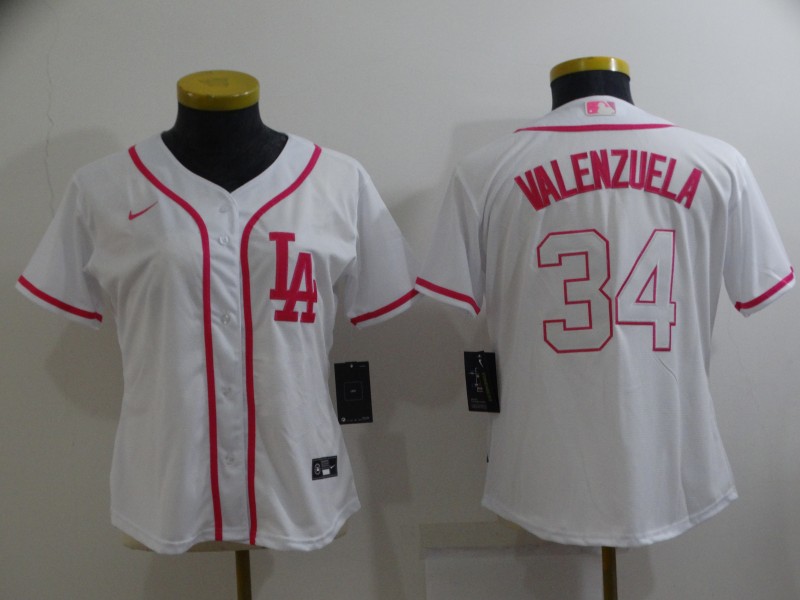 Womens MLB Los Angeles Dodgers #34 Valenzuela White Pink Jersey