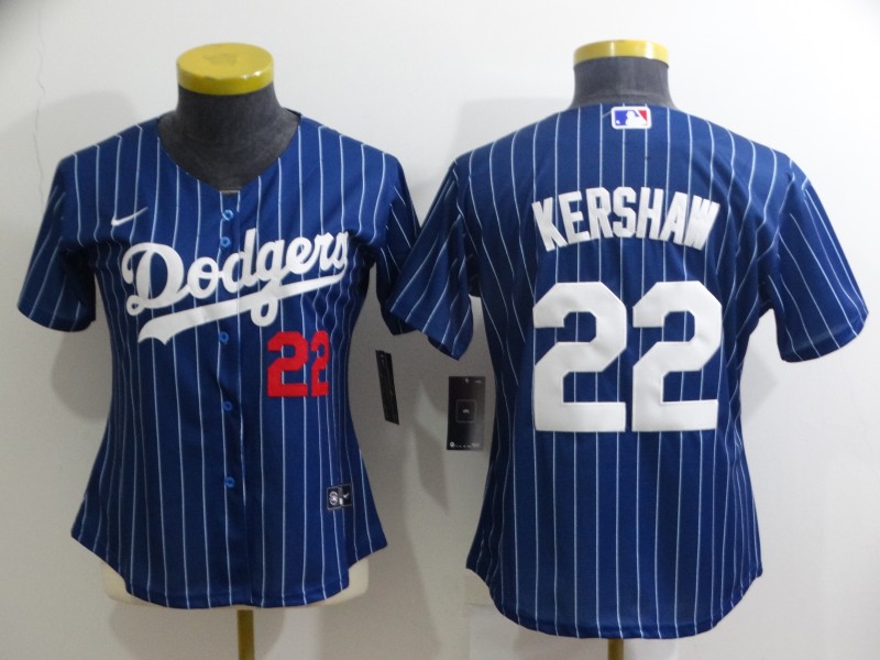 Womens MLB Los Angeles Dodgers #22 Kershaw Blue Pinstripe Jersey