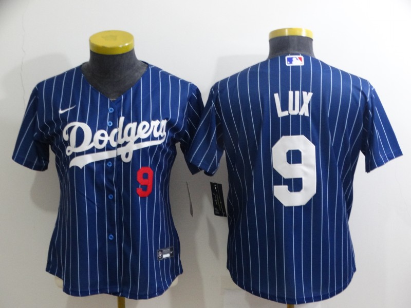 Womens MLB Los Angeles Dodgers #9 Lux Blue Pinstripe Jersey
