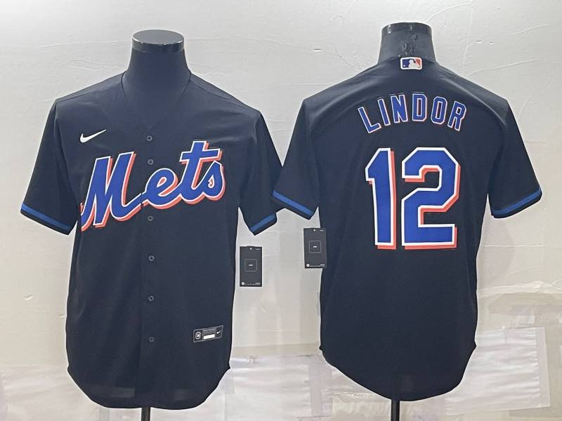 MLB New York Mets #12 Lindor Black Pinstripe Jersey
