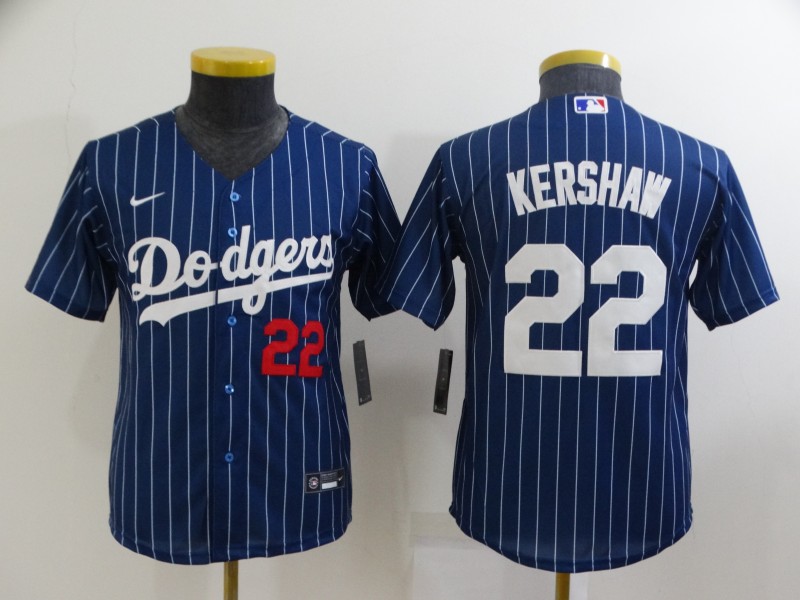 Kids MLB Los Angeles Dodgers #22 Kershaw Blue Pinstripe Jersey