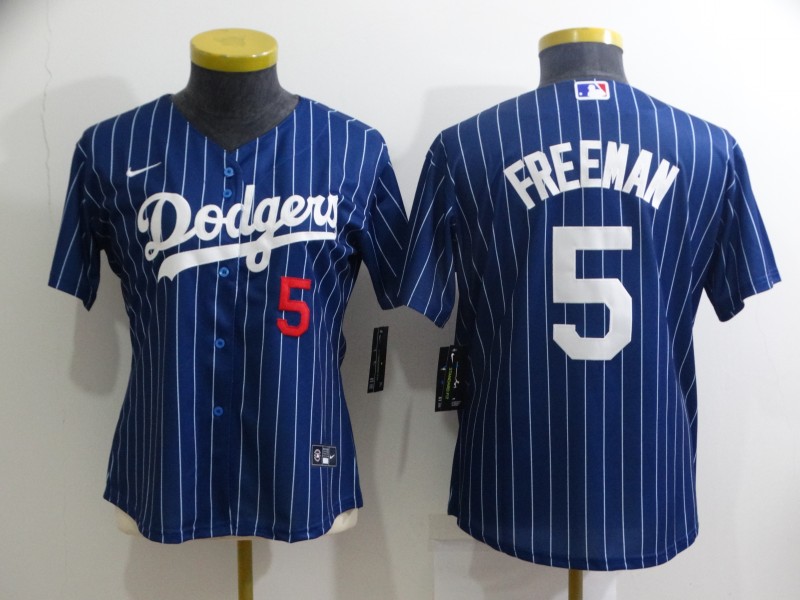 Womens MLB Los Angeles Dodgers #5 Freeman Blue Pinstripe Jersey