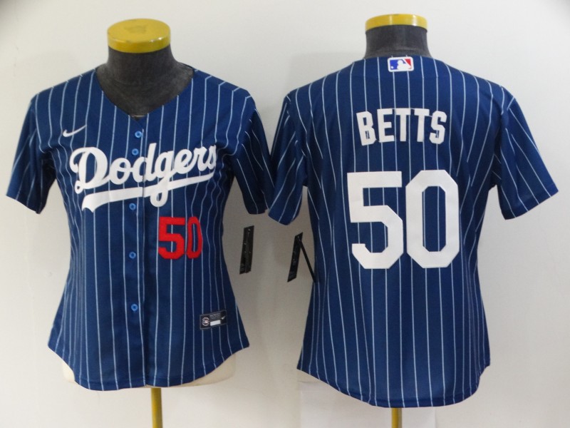 Womens MLB Los Angeles Dodgers #55 Betts Blue Pinstripe Jersey