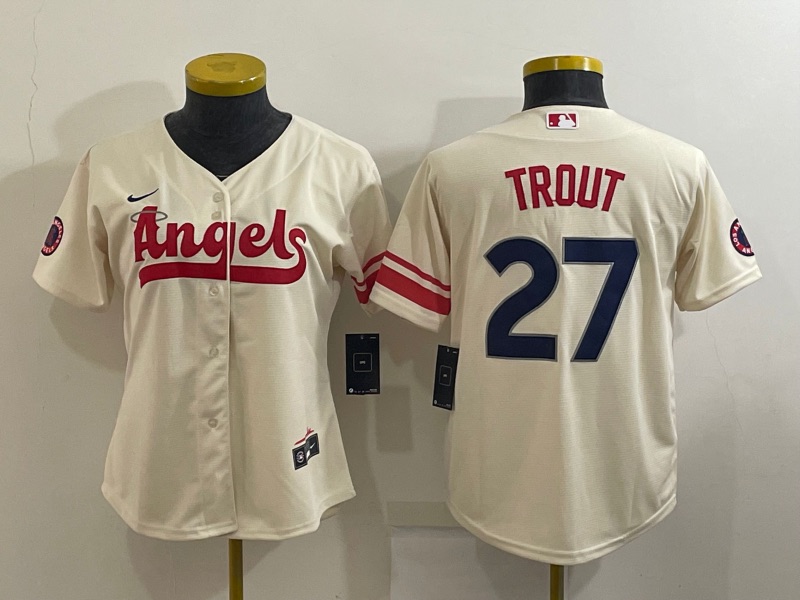 Womens MLB Los Angeles Angels #27 Trout Cream  Jersey