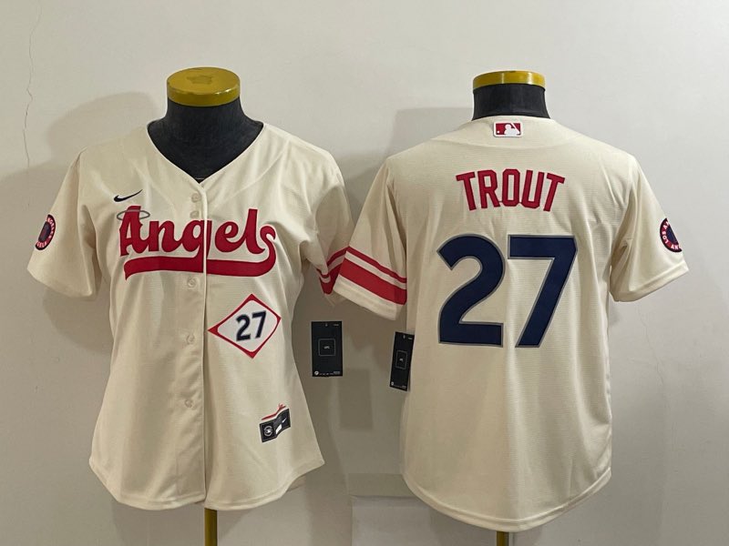 Womens MLB Los Angeles Angels #27  Trout Cream  Jersey