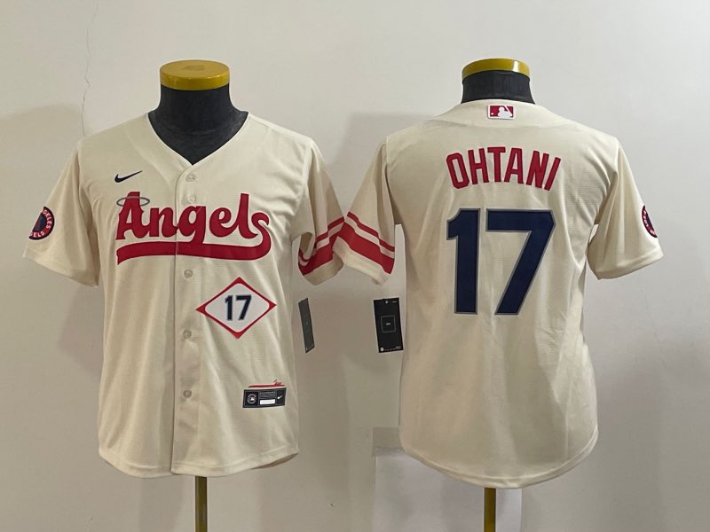 Kids MLB Los Angeles Angels #17 Ohtani Cream Jersey
