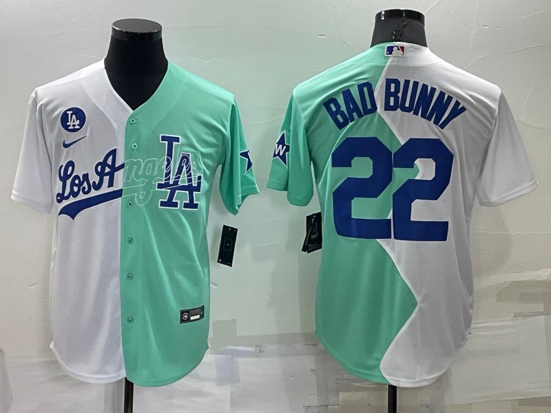 MLB Los Angels Dodgers #22 Bad Bunny Half Blue White  Jersey