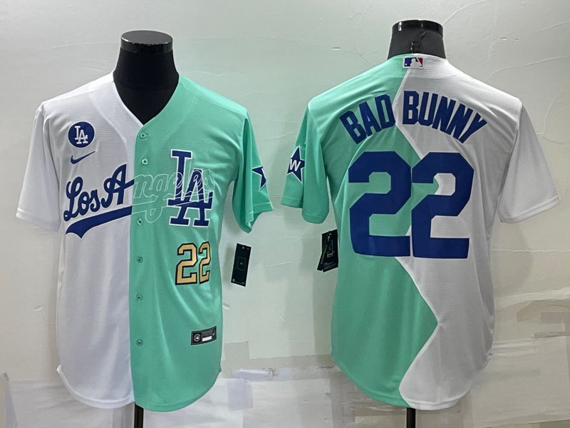 MLB Los Angels Dodgers #22  Bad Bunny Half Blue White Jersey