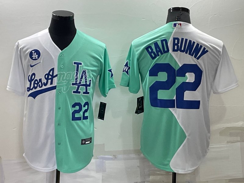 MLB Los Angels Dodgers #22 Bad Bunny Half Blue White Jersey