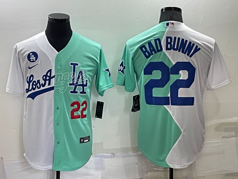 MLB Los Angels Dodgers #22 Bad Bunny Half Blue  White Jersey