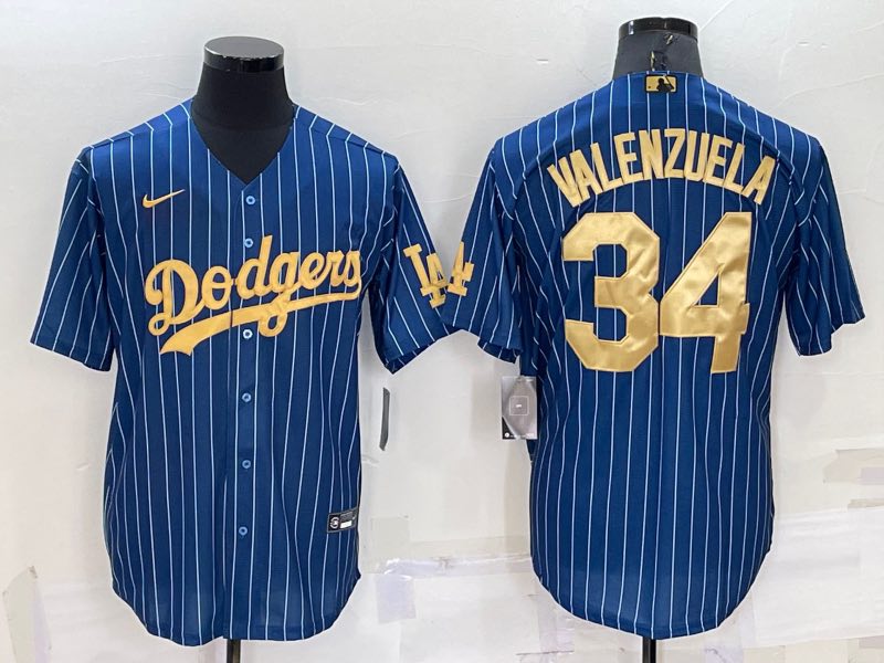 MLB Los Angeles Dodgers #34 Valenzuela Blue Gold Jersey