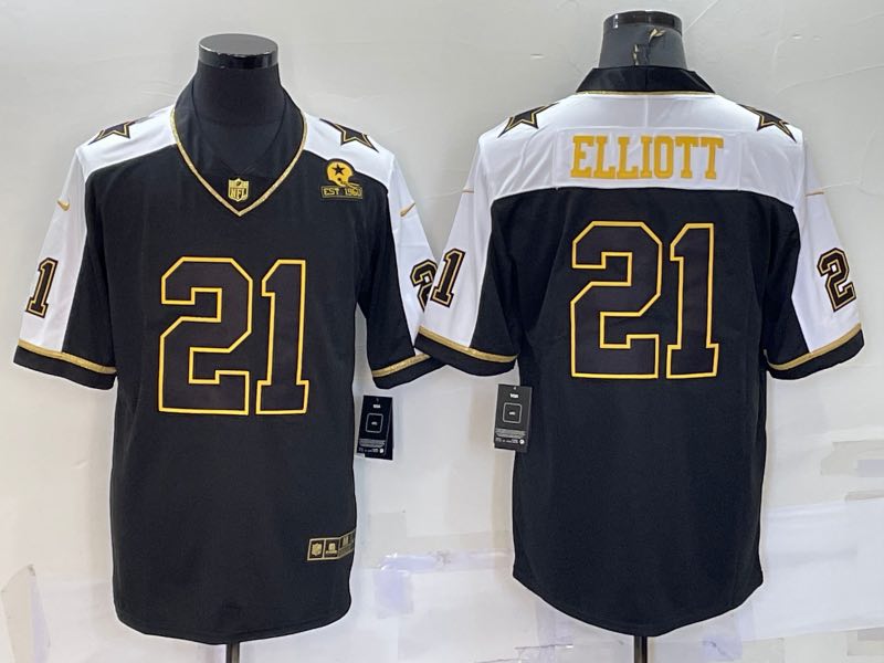 NFL Dallas Cowboys #21 Elliott Thanksgiving Black Gold Jersey