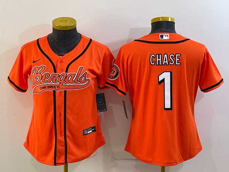 Womens NFL Cincinnati Bengals #1 Chase Orange Joint-design Jersey