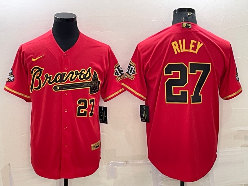 MLB Atlanta Braves #27 Riely  Red Gold Jersey