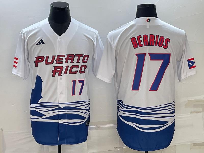 MLB Puerto Rico #17 Berrios White Blue Number World Cup Jersey