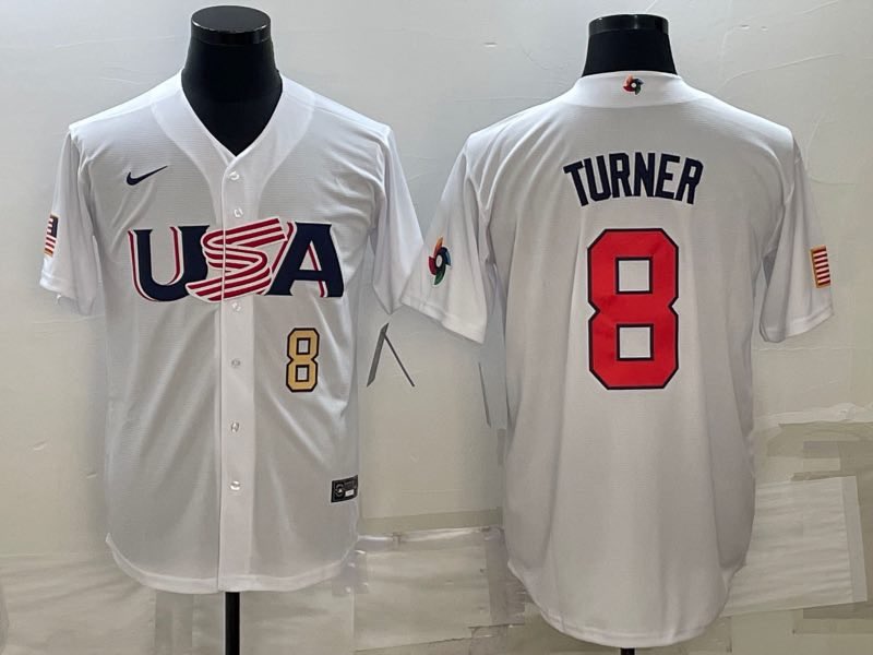 MLB USA #8 Turner White Gold Number World Cup Jersey