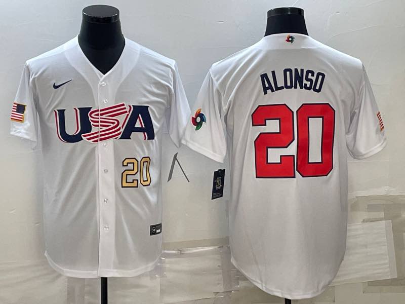 MLB USA #20 Alonso White Gold Number World Cup Jersey