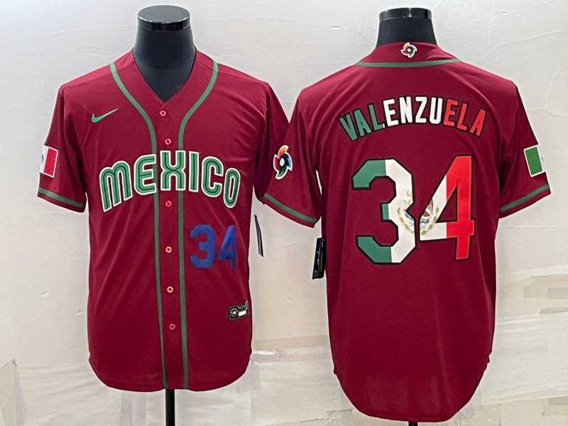 MLB Mexico #34 Valenzuela Blue Number World Cup Red Jersey