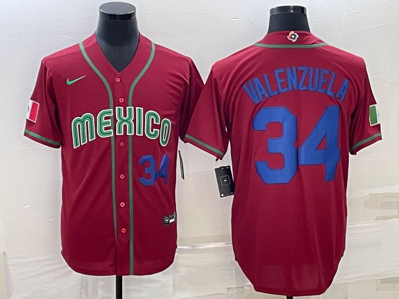 MLB Mexico #34 Valenzuela Blue Number World Cup Red Jersey