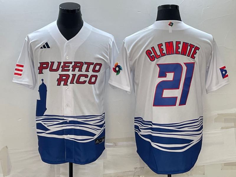 MLB Puerto Rico #21 Clemente White Red Number  World Cup Jersey  