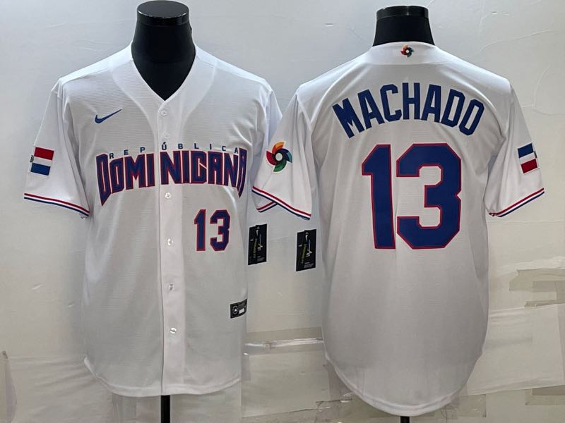 MLB Domi Nicana #13 Machado Blue Number World Cup White Jersey