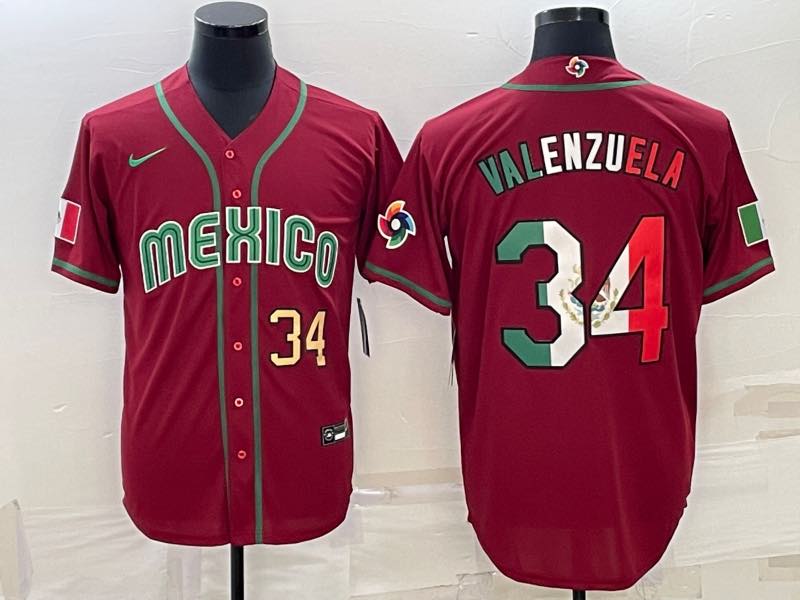 MLB Mexico #34 Valenzuela Gold Number World Cup Red Jersey