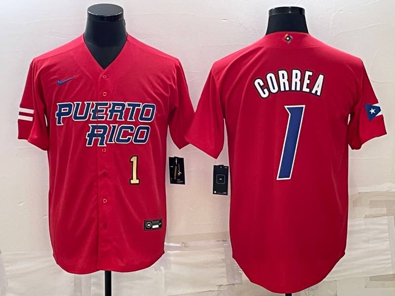 MLB Puerto Rico #1 Correa Red Gold World Cup Jersey