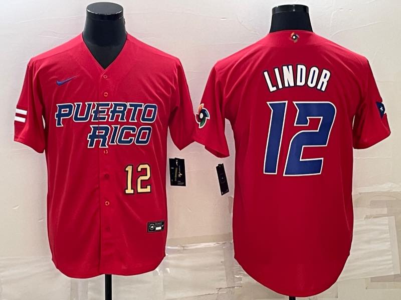 MLB Puerto Rico #12 Lindor Red Gold World Cup Jersey
