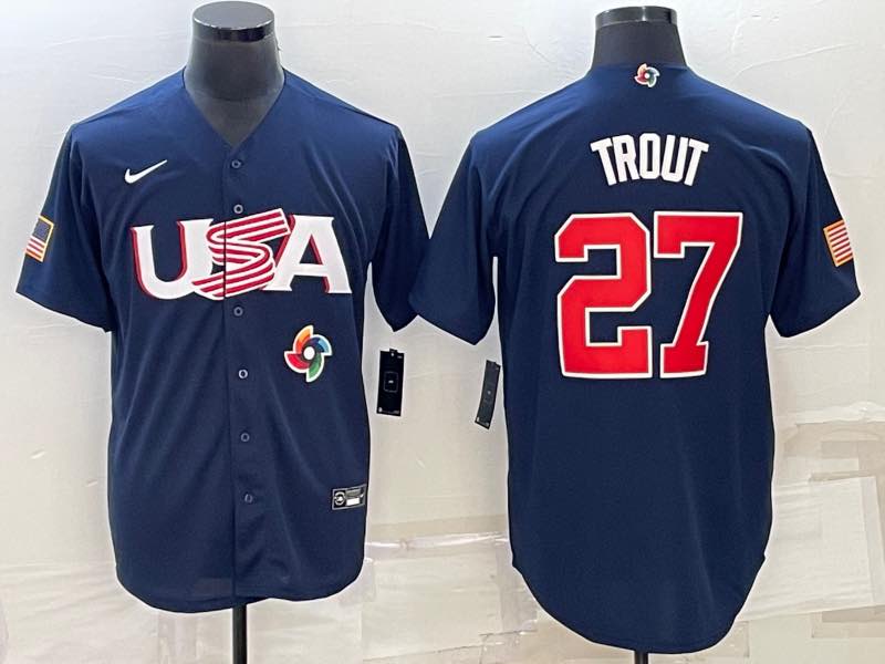 MLB USA #27 Trout Blue Gold World Cup Jersey 