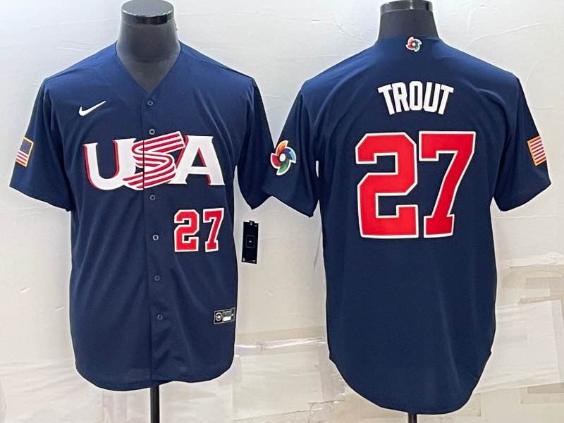 MLB USA #27 Trout Blue Red Number World Cup Jersey 