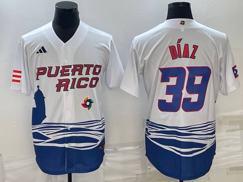 MLB Puerto Rico #39 Diaz White Blue World  Cup Jersey