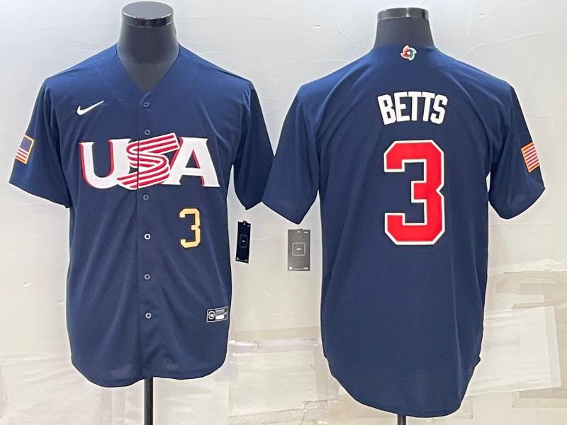 MLB USA #3 Betts Blue Gold Number World Cup Jersey