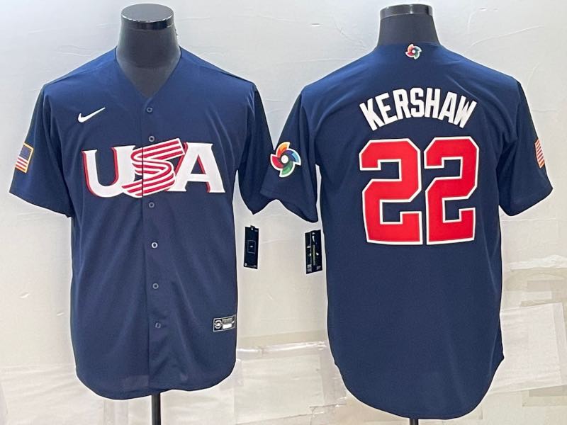 MLB USA #22 Kershaw Blue World Cup Jersey