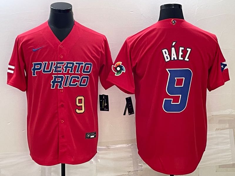 MLB Puerto Rico #9 Baez Red Gold World Cup Jersey