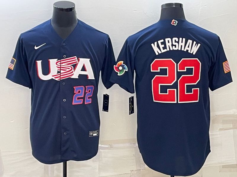 MLB USA #22 Kershaw Blue Number World Cup Jersey
