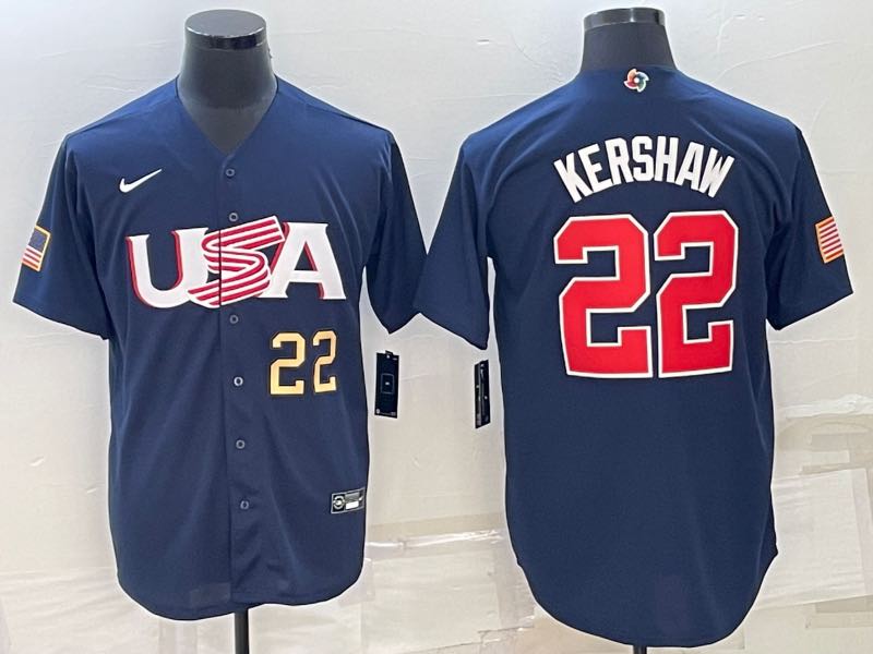 MLB USA #22 Kershaw Blue Gold Number World Cup Jersey