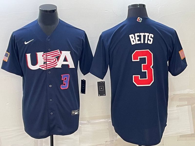 MLB USA #3 Betts Blue Blue Number World Cup Jersey