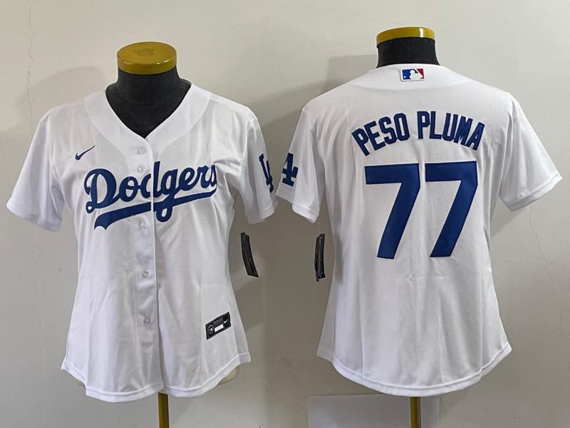 MLB Los Angeles Dodgers #77 Peso Pluma White womens Jersey 