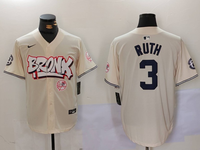 MLB New York Yankees #3 Ruth Cream Jersey