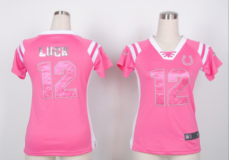 Indianapolis Colts #12 Luck Pink Womens Handwork Sequin lettering Fashion Jersey