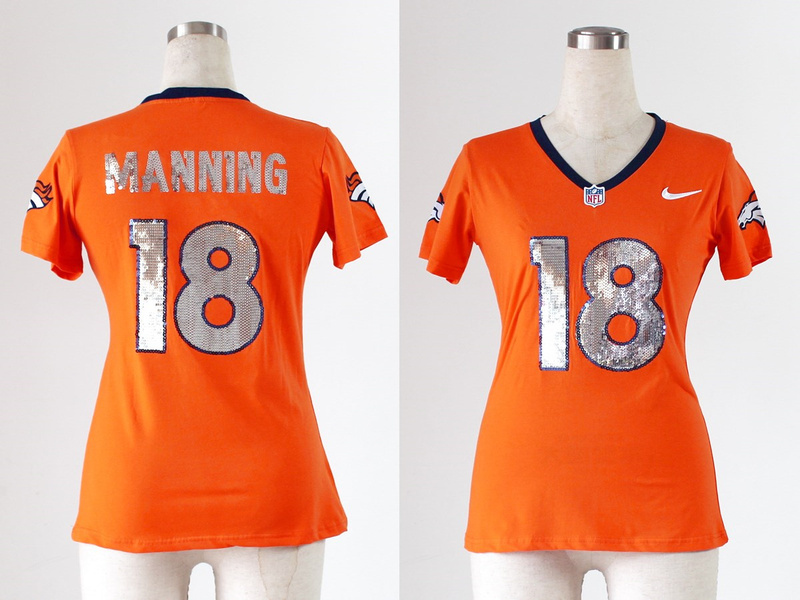 Denver Broncos #18 Manning Womens Handwork Sequin Orange Jersey