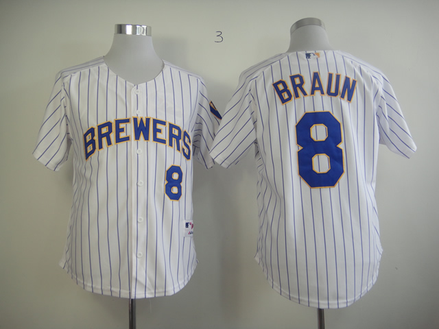 MLB Milwaukee Brewers #8 Braun white Jerseys with blue stripe